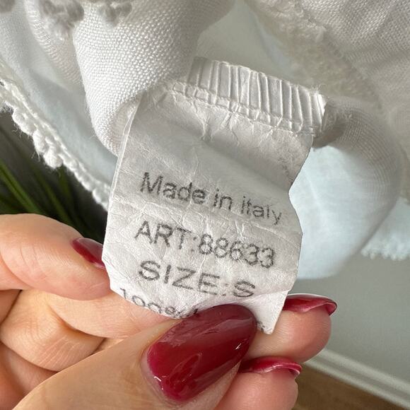 Lungo L'Arno Made In Italy 100% Linen Small Long Sleeve Lace Top Blouse Pintuck - Picture 11 of 11